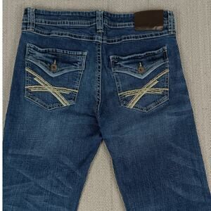 T.K. Axel Slim Boot Jeans Mens 34X31 Blue Embroidered Flaps Western Thick Stitch